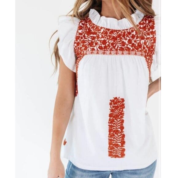 J. Marie Tops - J. Marie Whitney Floral Embroidered Sleeveless Blouse Top White/Red Womens Large